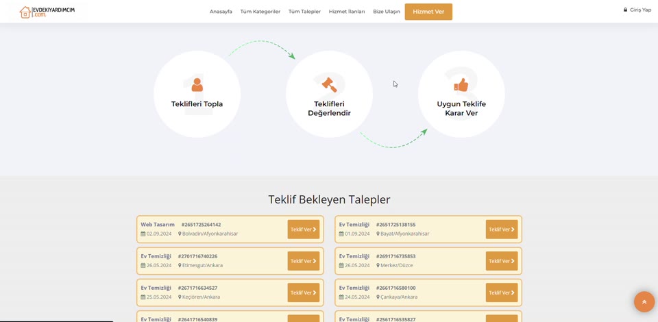 Teklif ve talep platformu uygulama ekranı